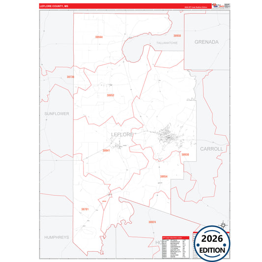 Leflore County, MS Red Line 5 Digit ZIP Code Wall Map