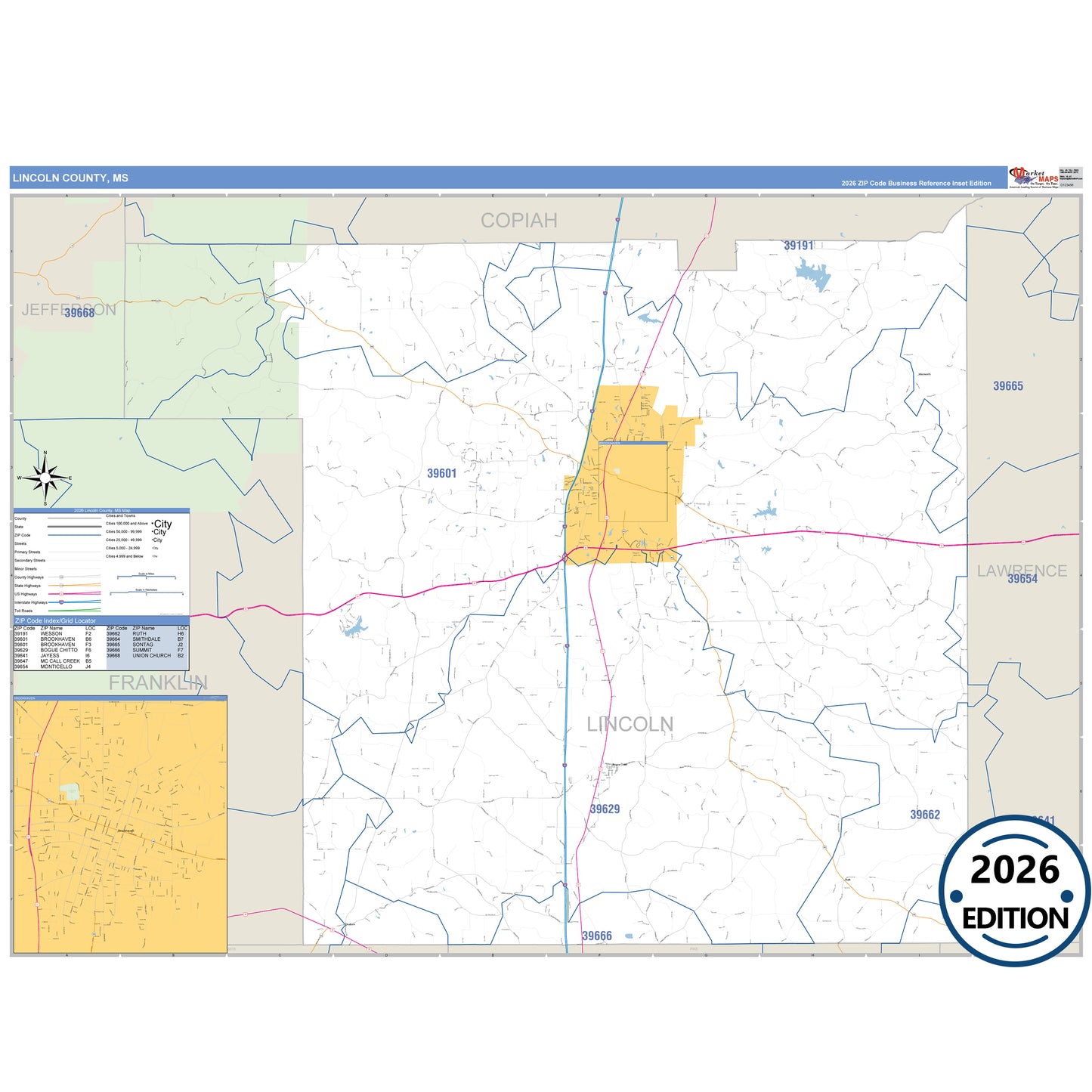Lincoln County, MS Business Reference 5 Digit ZIP Code Wall Map