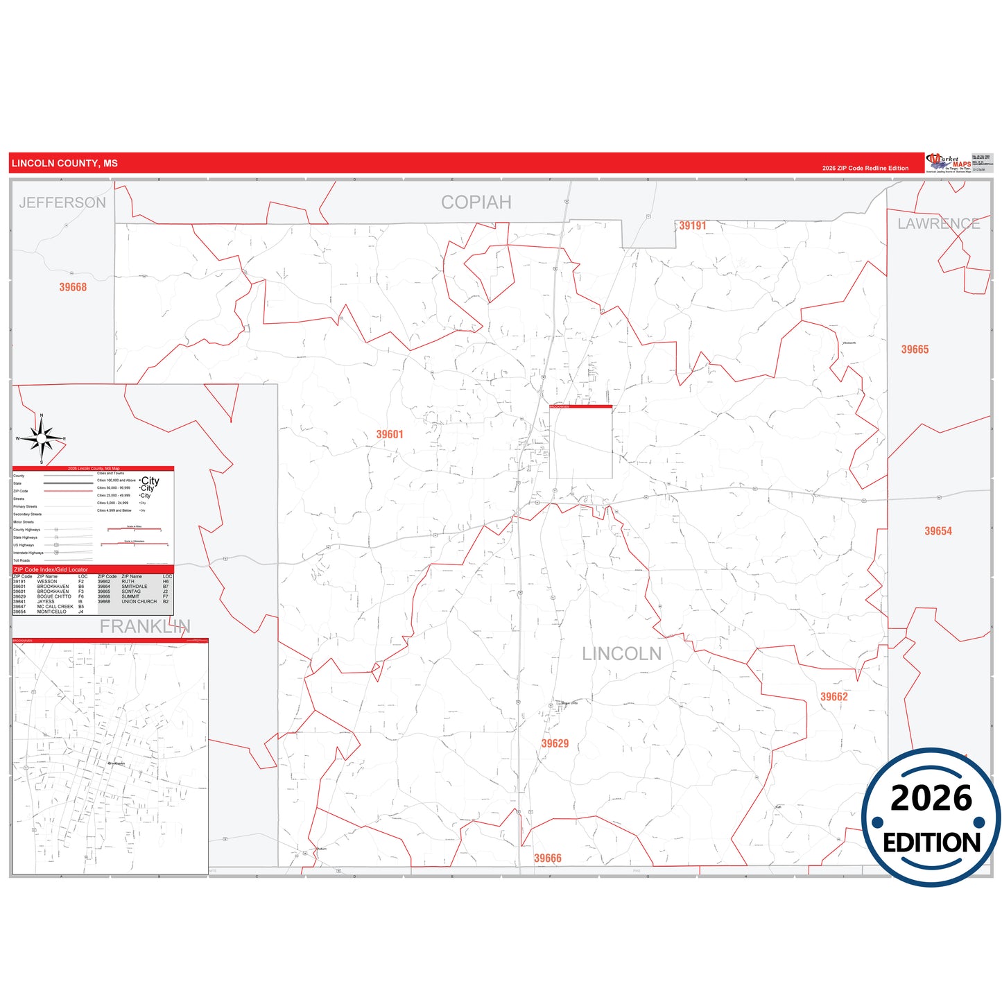 Lincoln County, MS Red Line 5 Digit ZIP Code Wall Map