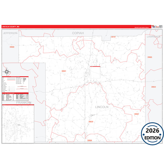 Lincoln County, MS Red Line 5 Digit ZIP Code Wall Map