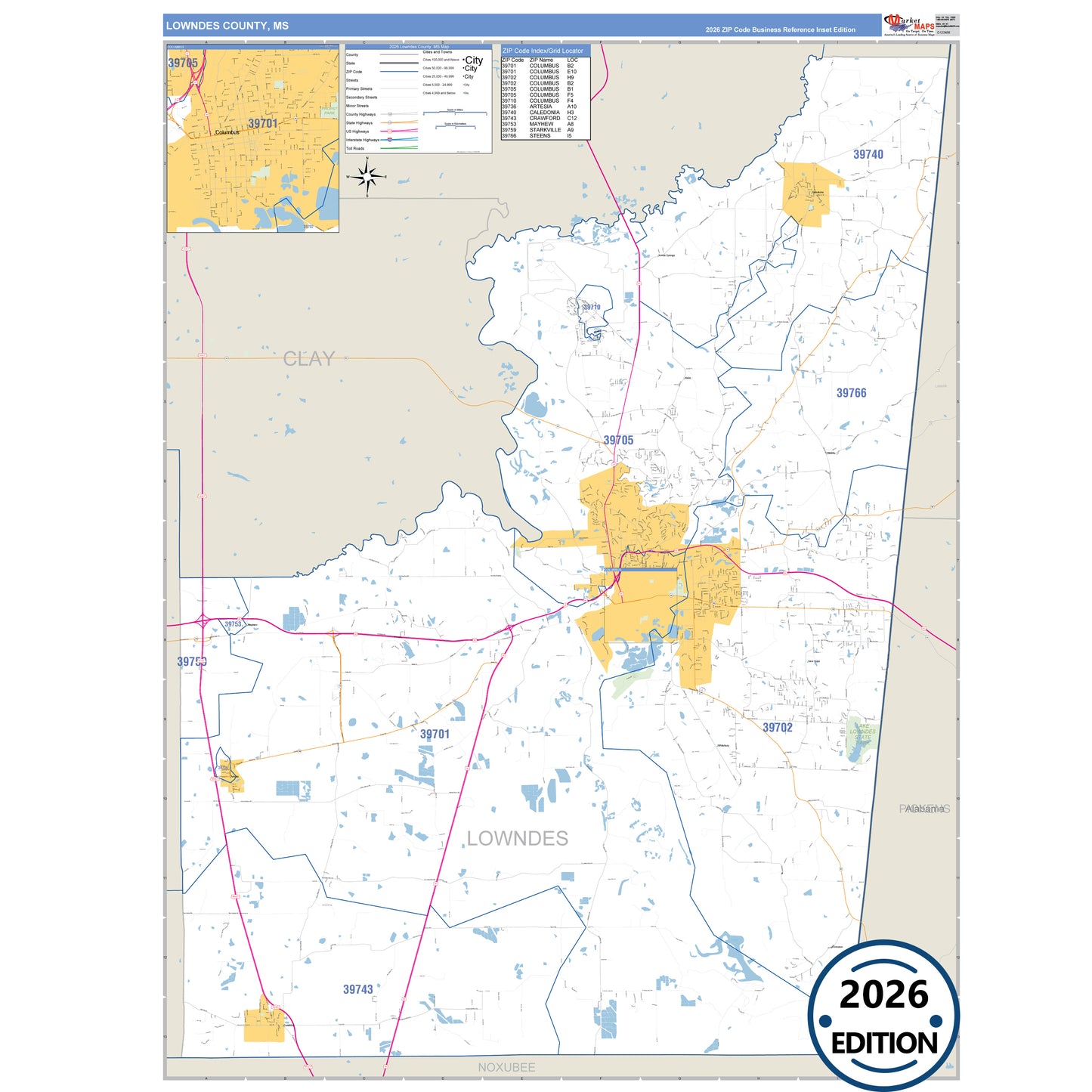 Lowndes County, MS Business Reference 5 Digit ZIP Code Wall Map