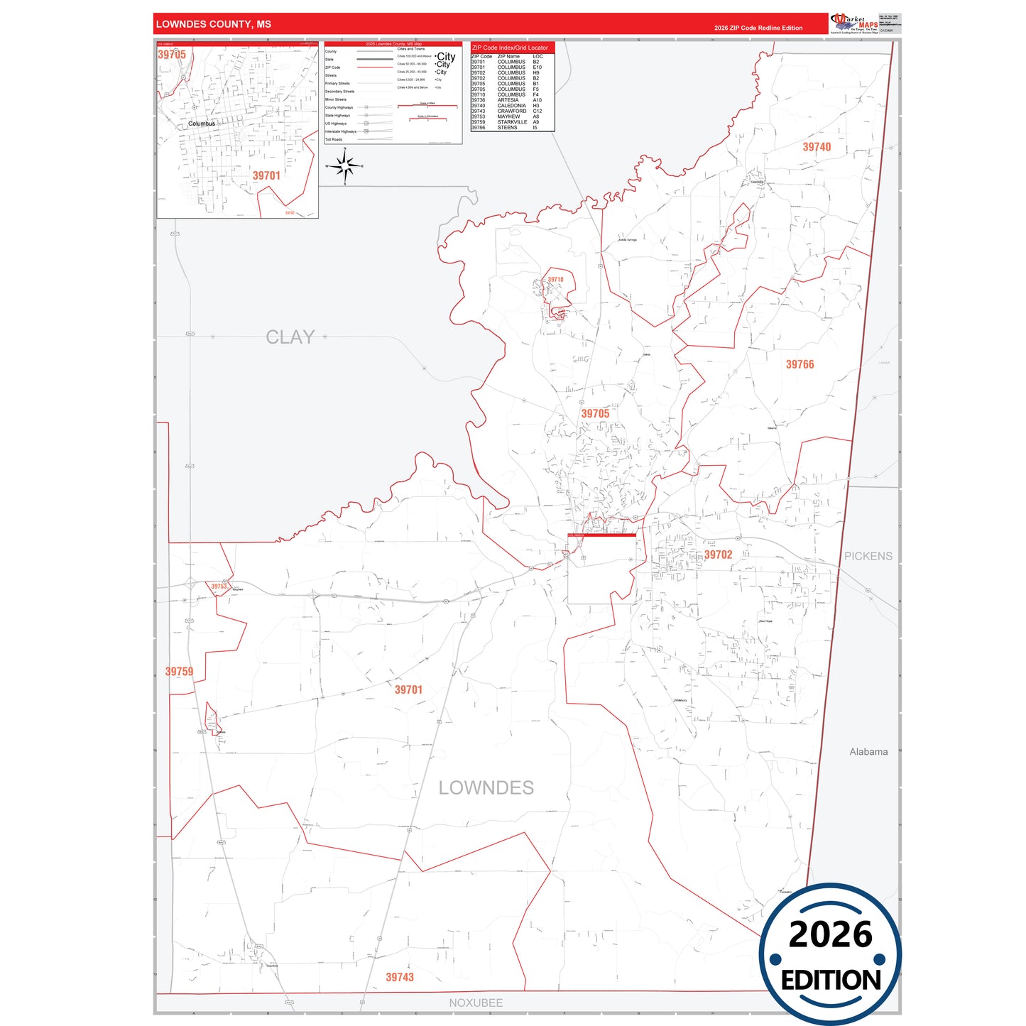 Lowndes County, MS Red Line 5 Digit ZIP Code Wall Map