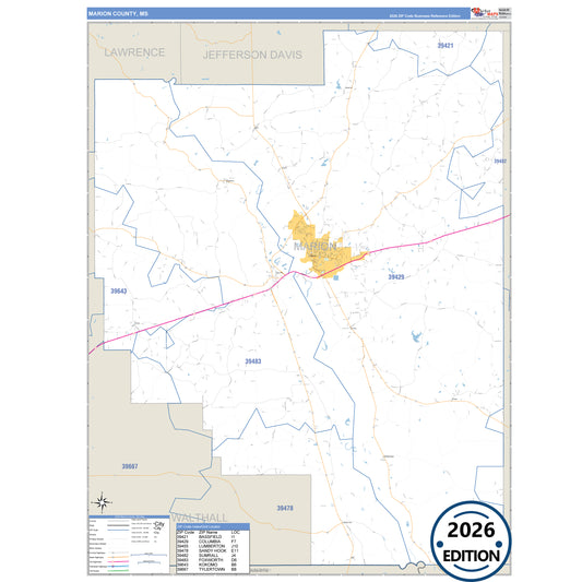 Marion County, MS Business Reference 5 Digit ZIP Code Wall Map