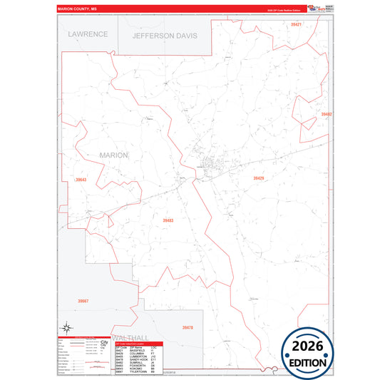 Marion County, MS Red Line 5 Digit ZIP Code Wall Map