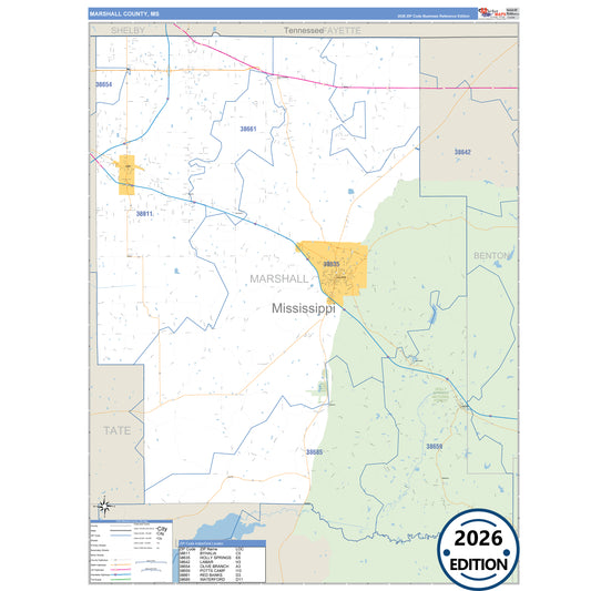 Marshall County, MS Business Reference 5 Digit ZIP Code Wall Map