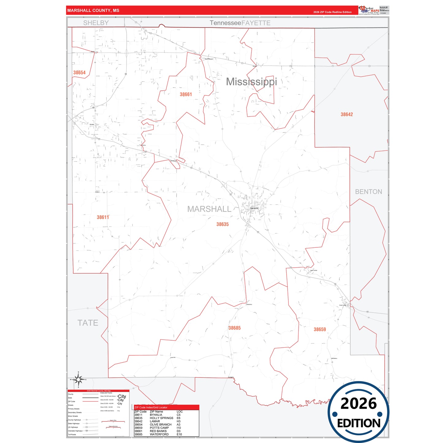 Marshall County, MS Red Line 5 Digit ZIP Code Wall Map