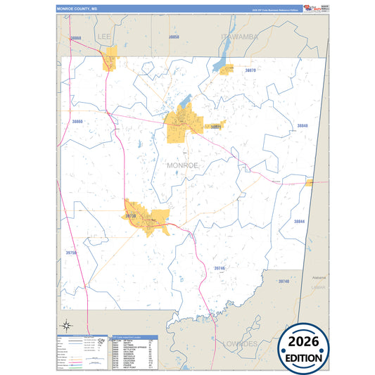 Monroe County, MS Business Reference 5 Digit ZIP Code Wall Map