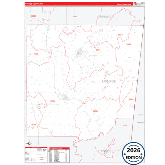 Monroe County, MS Red Line 5 Digit ZIP Code Wall Map