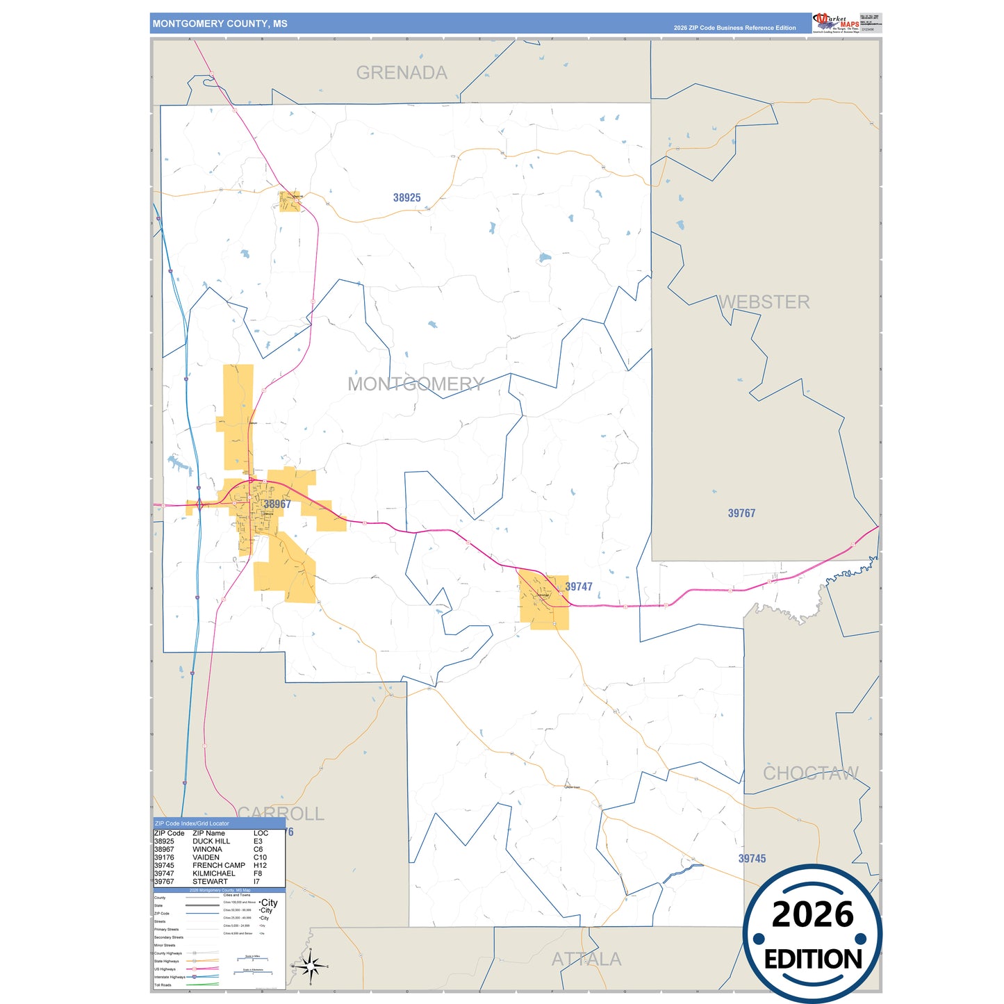 Montgomery County, MS Business Reference 5 Digit ZIP Code Wall Map