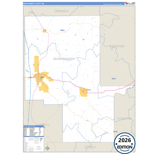 Montgomery County, MS Business Reference 5 Digit ZIP Code Wall Map