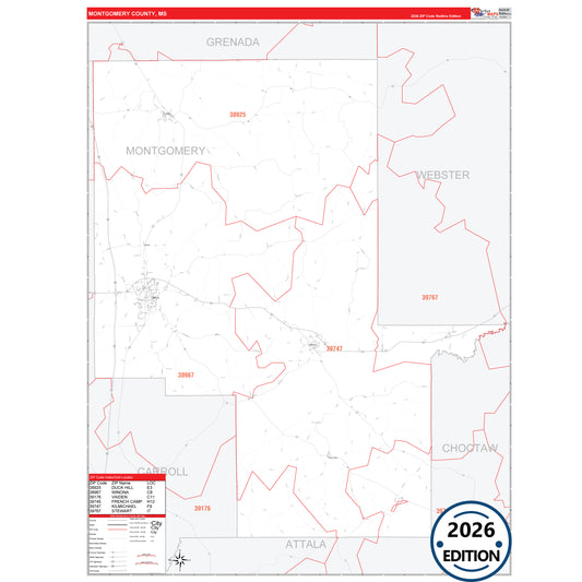 Montgomery County, MS Red Line 5 Digit ZIP Code Wall Map
