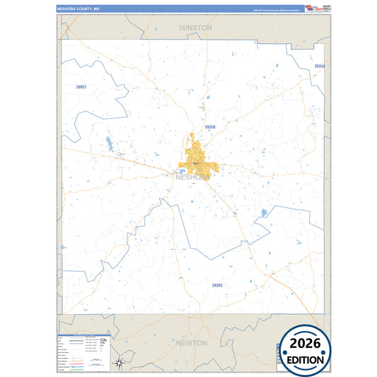Neshoba County, MS Business Reference 5 Digit ZIP Code Wall Map
