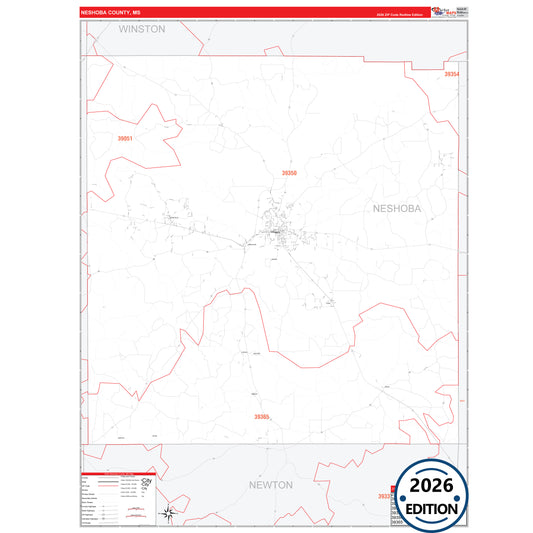 Neshoba County, MS Red Line 5 Digit ZIP Code Wall Map
