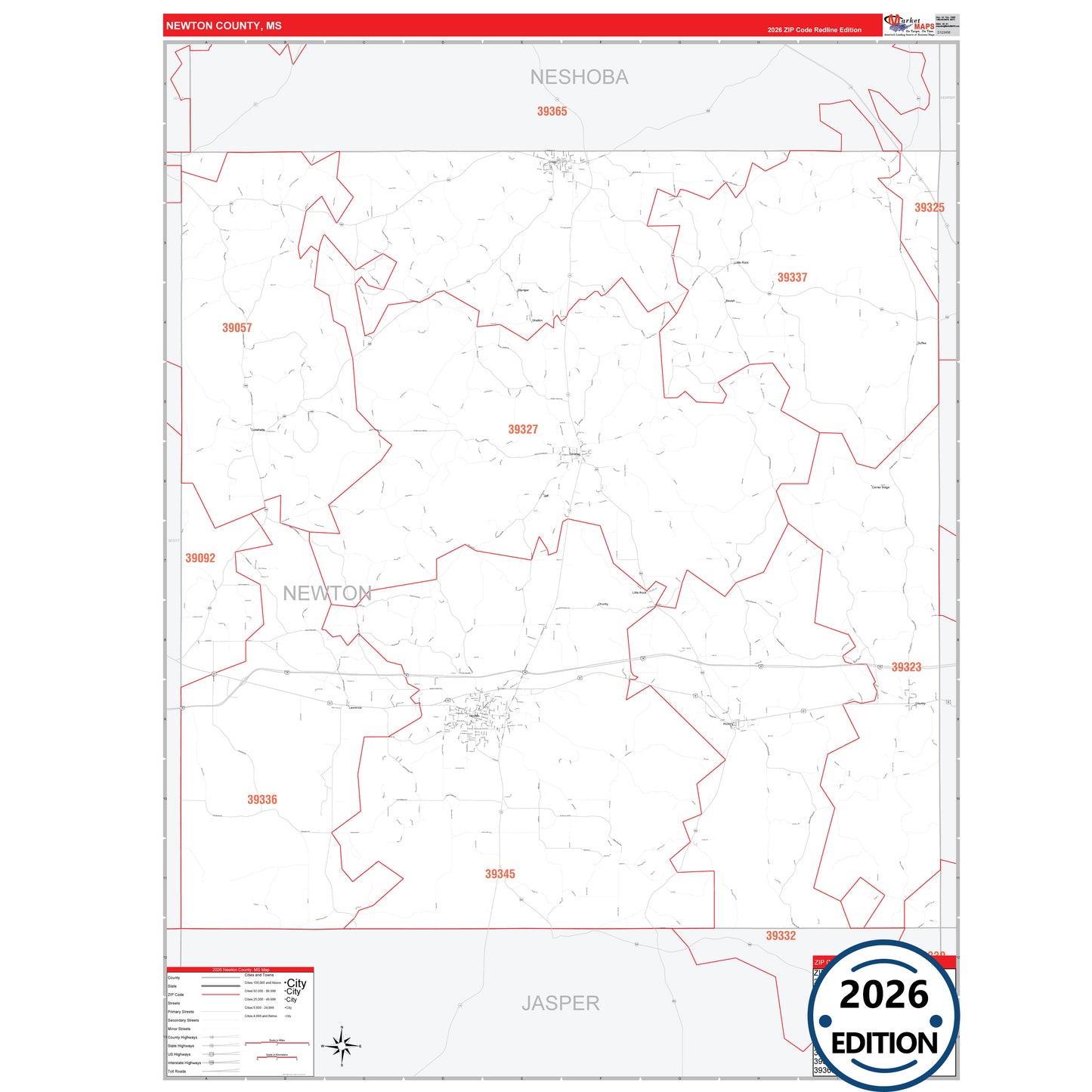 Newton County, MS Red Line 5 Digit ZIP Code Wall Map