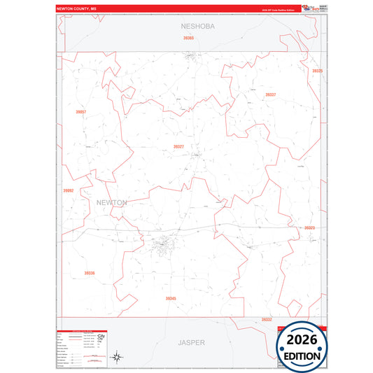 Newton County, MS Red Line 5 Digit ZIP Code Wall Map