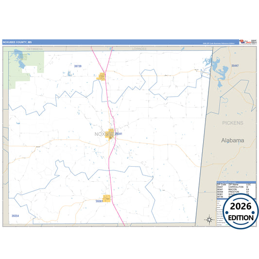 Noxubee County, MS Business Reference 5 Digit ZIP Code Wall Map