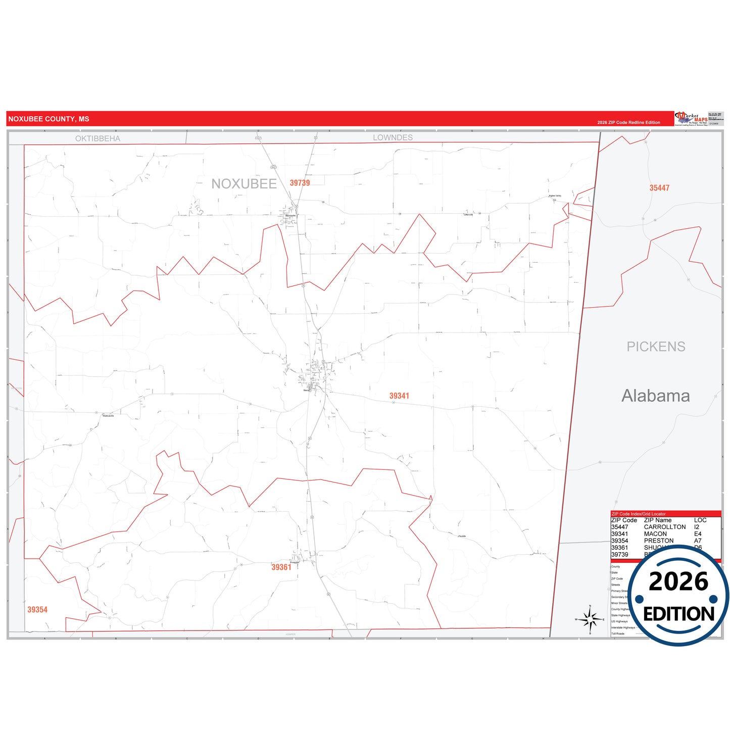 Noxubee County, MS Red Line 5 Digit ZIP Code Wall Map