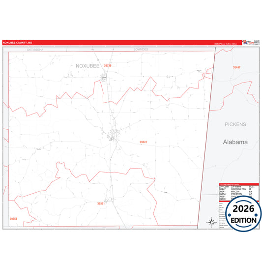 Noxubee County, MS Red Line 5 Digit ZIP Code Wall Map