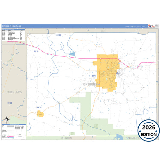 Oktibbeha County, MS Business Reference 5 Digit ZIP Code Wall Map