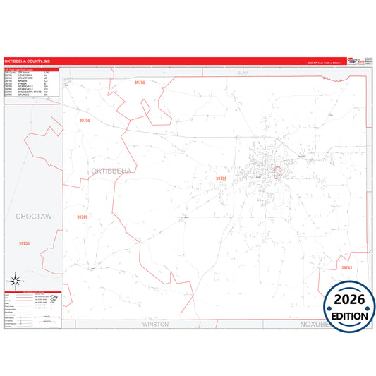 Oktibbeha County, MS Red Line 5 Digit ZIP Code Wall Map