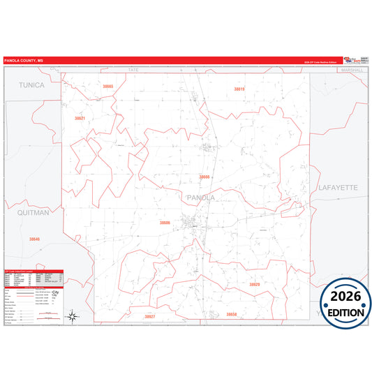Panola County, MS Red Line 5 Digit ZIP Code Wall Map