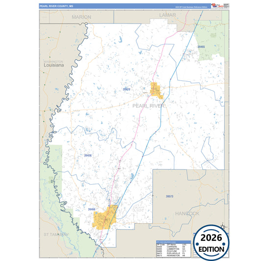 Pearl River County, MS Business Reference 5 Digit ZIP Code Wall Map