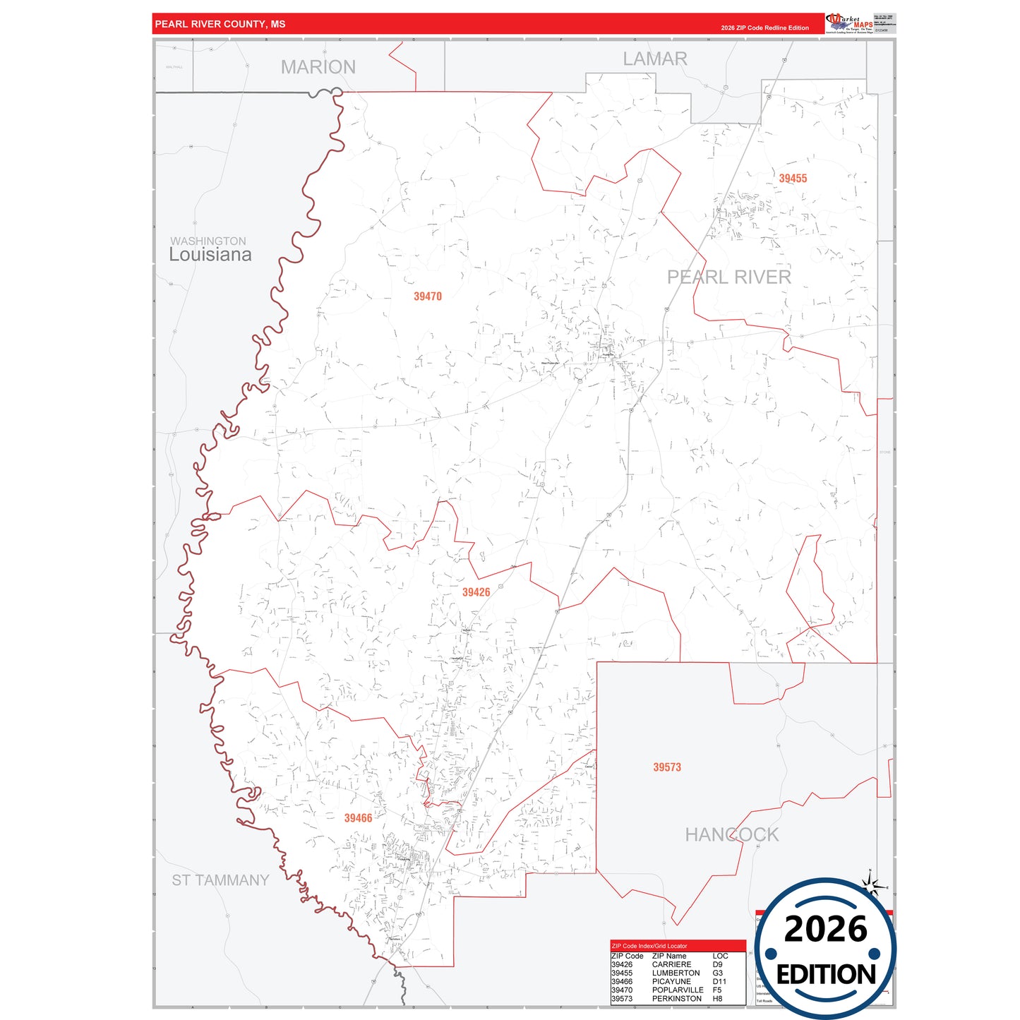Pearl River County, MS Red Line 5 Digit ZIP Code Wall Map