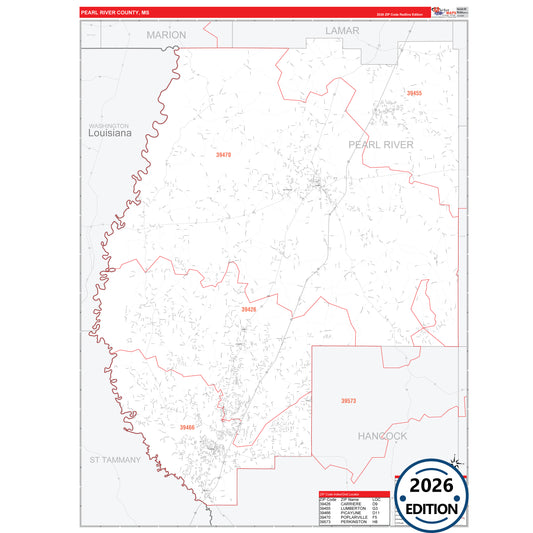 Pearl River County, MS Red Line 5 Digit ZIP Code Wall Map