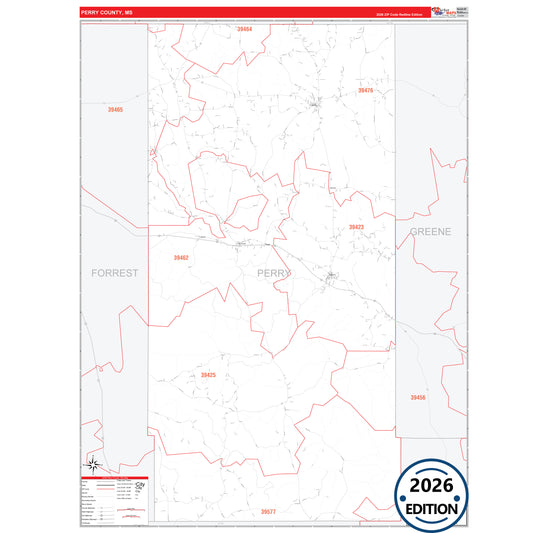 Perry County, MS Red Line 5 Digit ZIP Code Wall Map