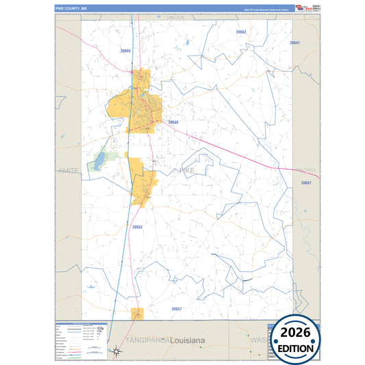 Pike County, MS Business Reference 5 Digit ZIP Code Wall Map