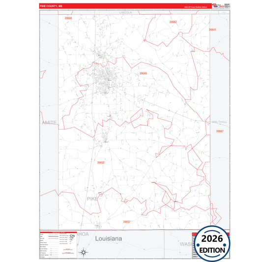 Pike County, MS Red Line 5 Digit ZIP Code Wall Map