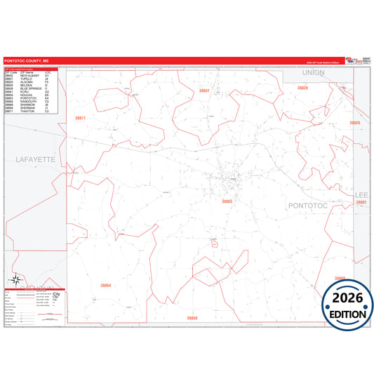 Pontotoc County, MS Red Line 5 Digit ZIP Code Wall Map