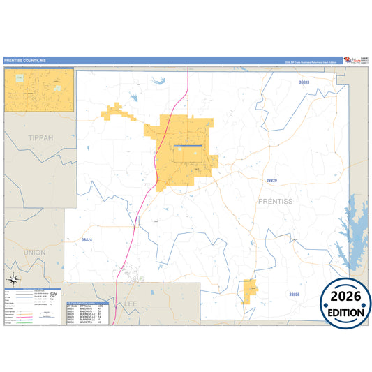 Prentiss County, MS Business Reference 5 Digit ZIP Code Wall Map