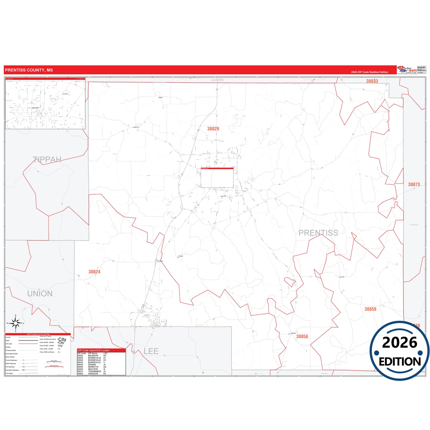 Prentiss County, MS Red Line 5 Digit ZIP Code Wall Map