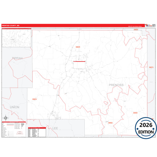 Prentiss County, MS Red Line 5 Digit ZIP Code Wall Map