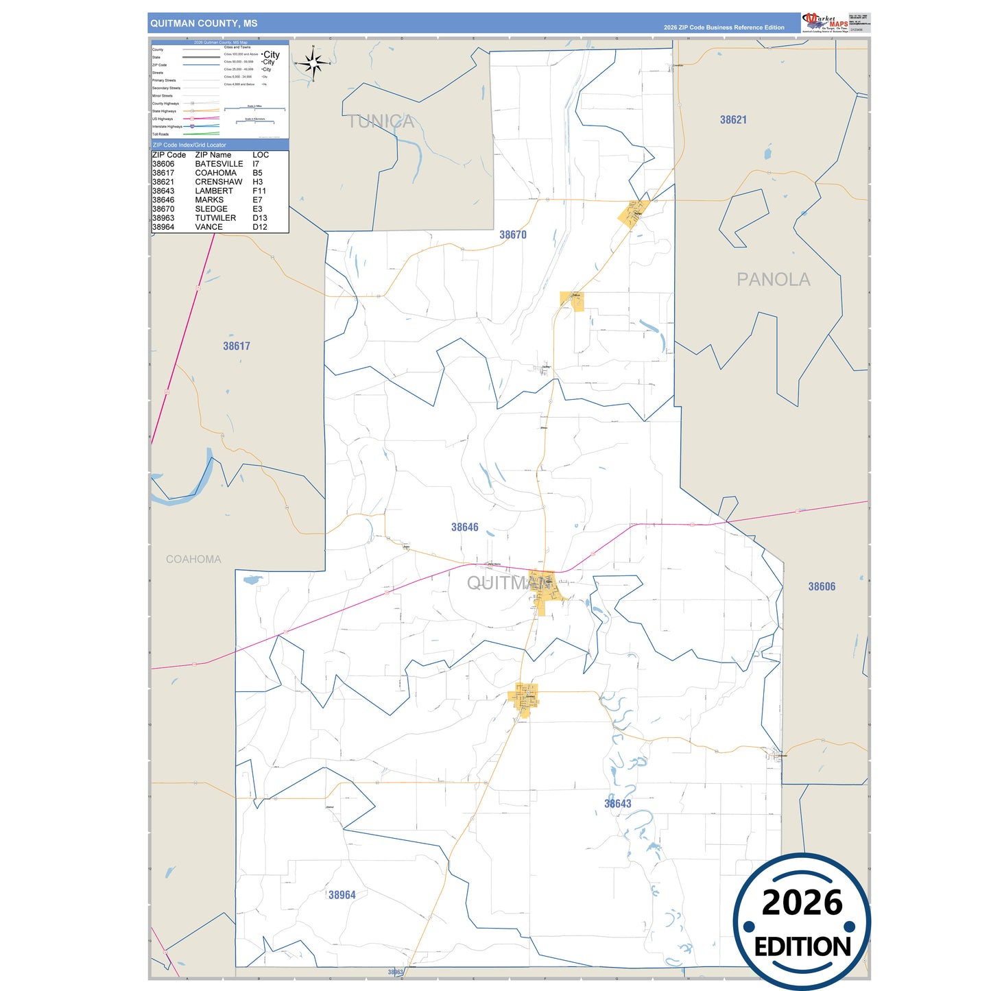 Quitman County, MS Business Reference 5 Digit ZIP Code Wall Map