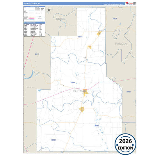 Quitman County, MS Business Reference 5 Digit ZIP Code Wall Map