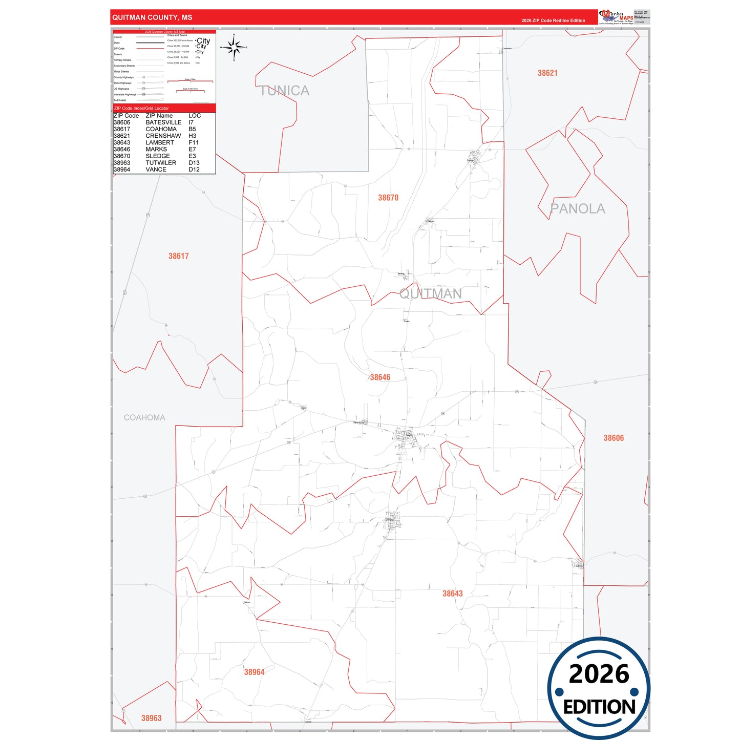 Quitman County, MS Red Line 5 Digit ZIP Code Wall Map