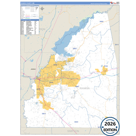 Rankin County, MS Business Reference 5 Digit ZIP Code Wall Map