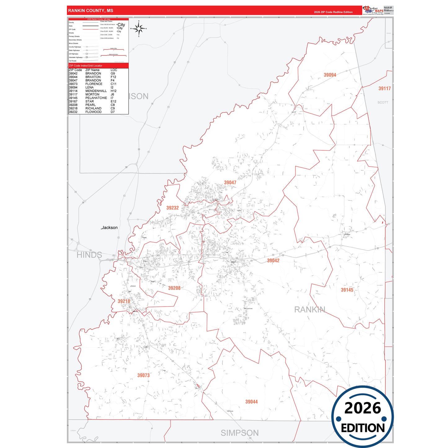 Rankin County, MS Red Line 5 Digit ZIP Code Wall Map