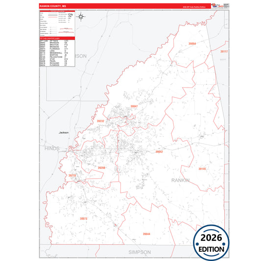 Rankin County, MS Red Line 5 Digit ZIP Code Wall Map