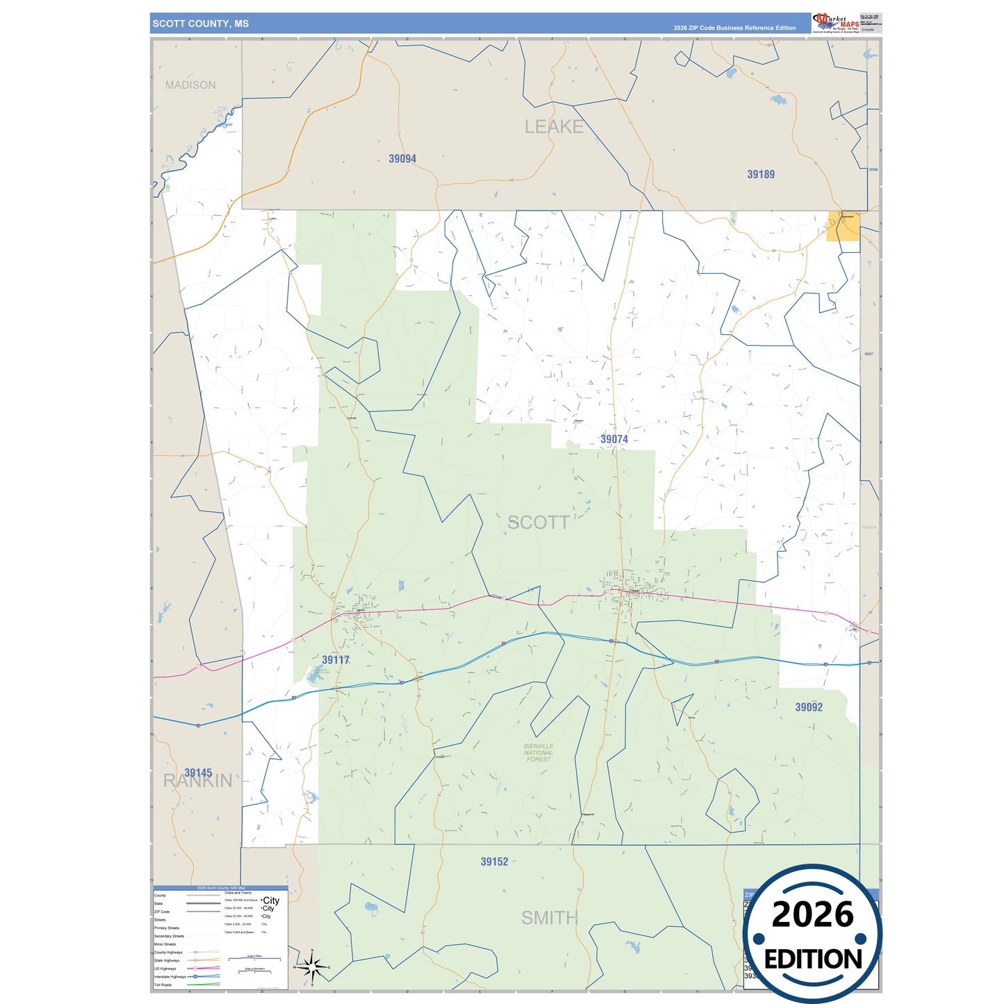 Scott County, MS Business Reference 5 Digit ZIP Code Wall Map