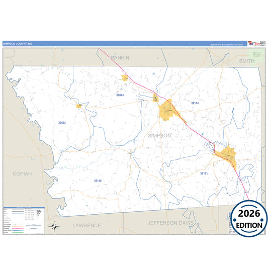 Simpson County, MS Business Reference 5 Digit ZIP Code Wall Map