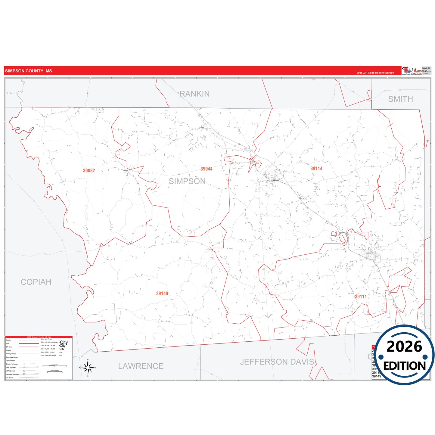 Simpson County, MS Red Line 5 Digit ZIP Code Wall Map