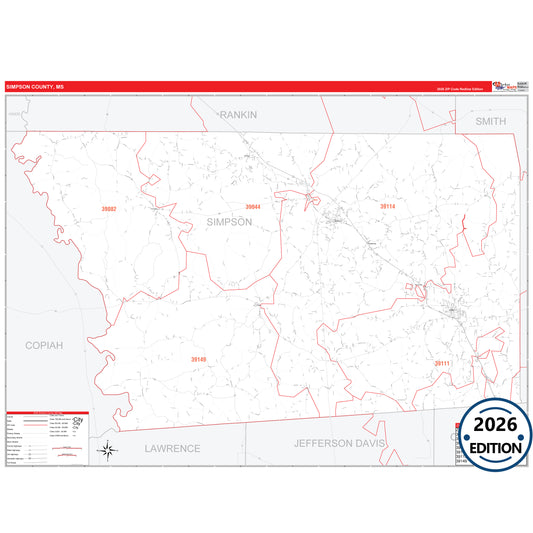 Simpson County, MS Red Line 5 Digit ZIP Code Wall Map