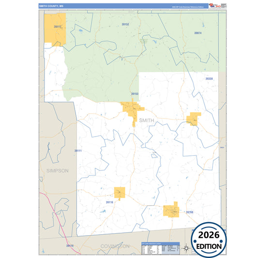 Smith County, MS Business Reference 5 Digit ZIP Code Wall Map