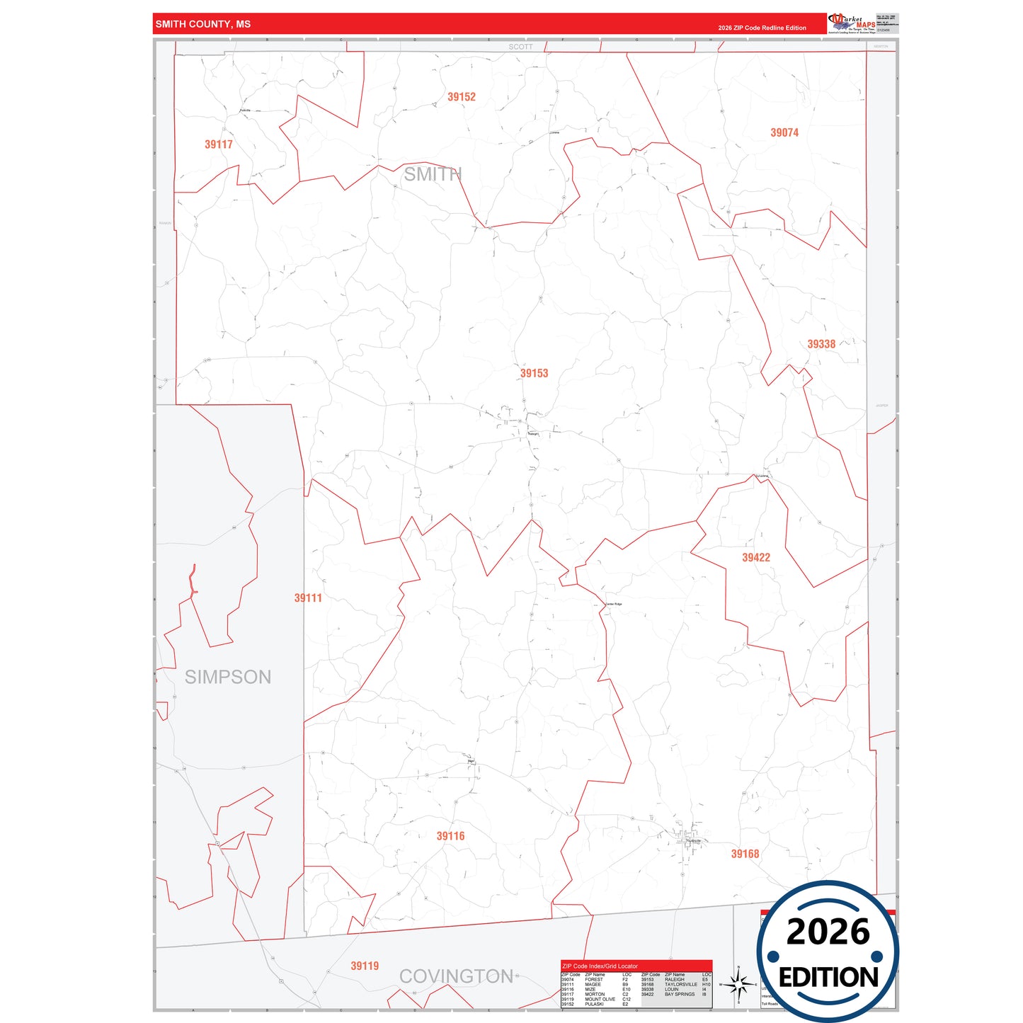 Smith County, MS Red Line 5 Digit ZIP Code Wall Map
