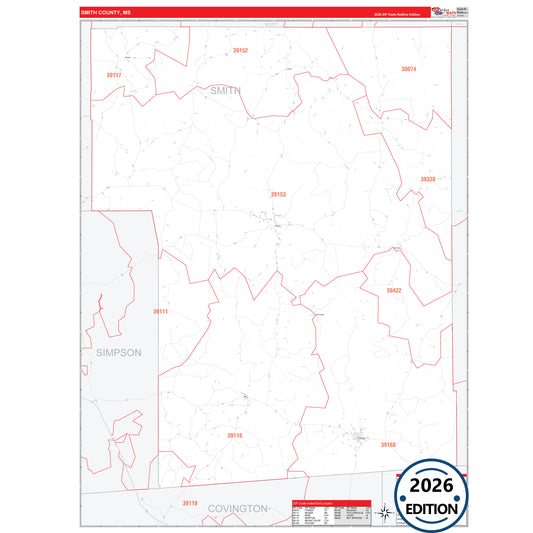 Smith County, MS Red Line 5 Digit ZIP Code Wall Map