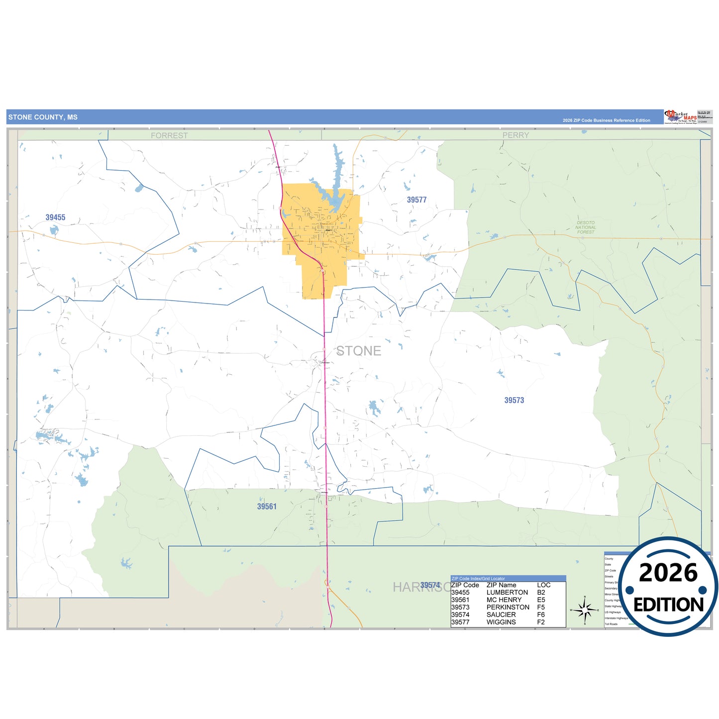 Stone County, MS Business Reference 5 Digit ZIP Code Wall Map