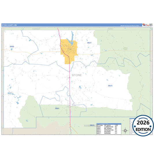 Stone County, MS Business Reference 5 Digit ZIP Code Wall Map
